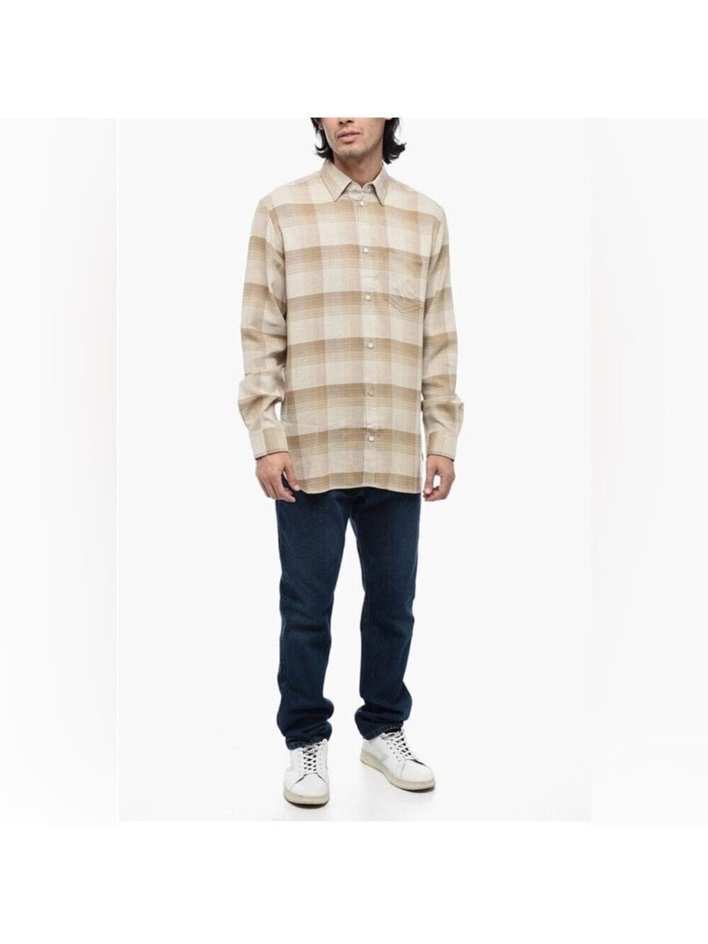 Golden Goose Alvise Checked Long Sleeve Shirt in White Pepper / Sand Size Small